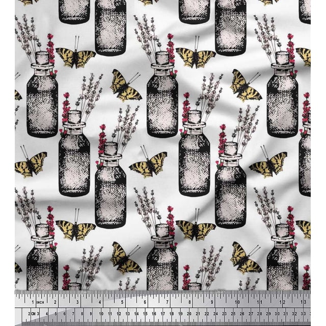 Soimoi White Modal Satin Fabric Insect,Lavender & Vintage Bottle Fabric Prints by Yard 42 Inch Wide