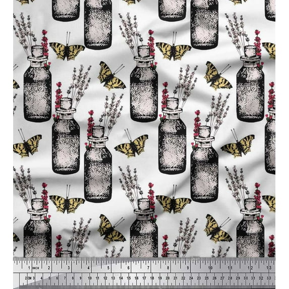 Soimoi White Cotton Voile Fabric Insect,Lavender & Vintage Bottle Printed Fabric 1 Yard 42 Inch Wide