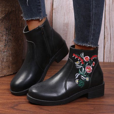 

VEKDONE Thanksgiving Day Deals Women s Chelsea Shoes Platform Ankle Boots Round Head Retro Ethnic Stitching Embroidered Thick Heel Short Combat Boots
