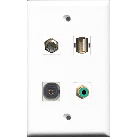 RiteAV 1 Port RCA Green and 1 Port Coax Cable TV- F-Type and 1 Port USB A-A and 1 Port Toslink Wall Plate