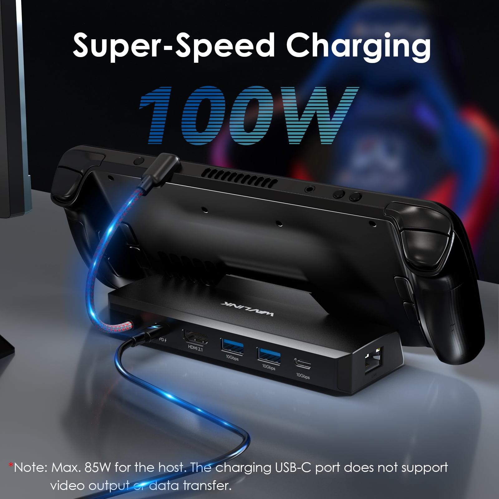 WAVLINK Steam Deck/ROG Dock, 6-in-1 Docking Station for Steam Deck/ROG, Steam Deck Accessories with 4K@144Hz/2K@165Hz/1080P@240Hz HDMI 2.0, 100W PD IN(85W for Host), 3x 10G USB 3.2, Gigabit RJ45