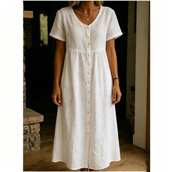 Royisotas Womens Dresses Button front Long dress Cotton linen Short sleeve Maxi Casual Dress for Women