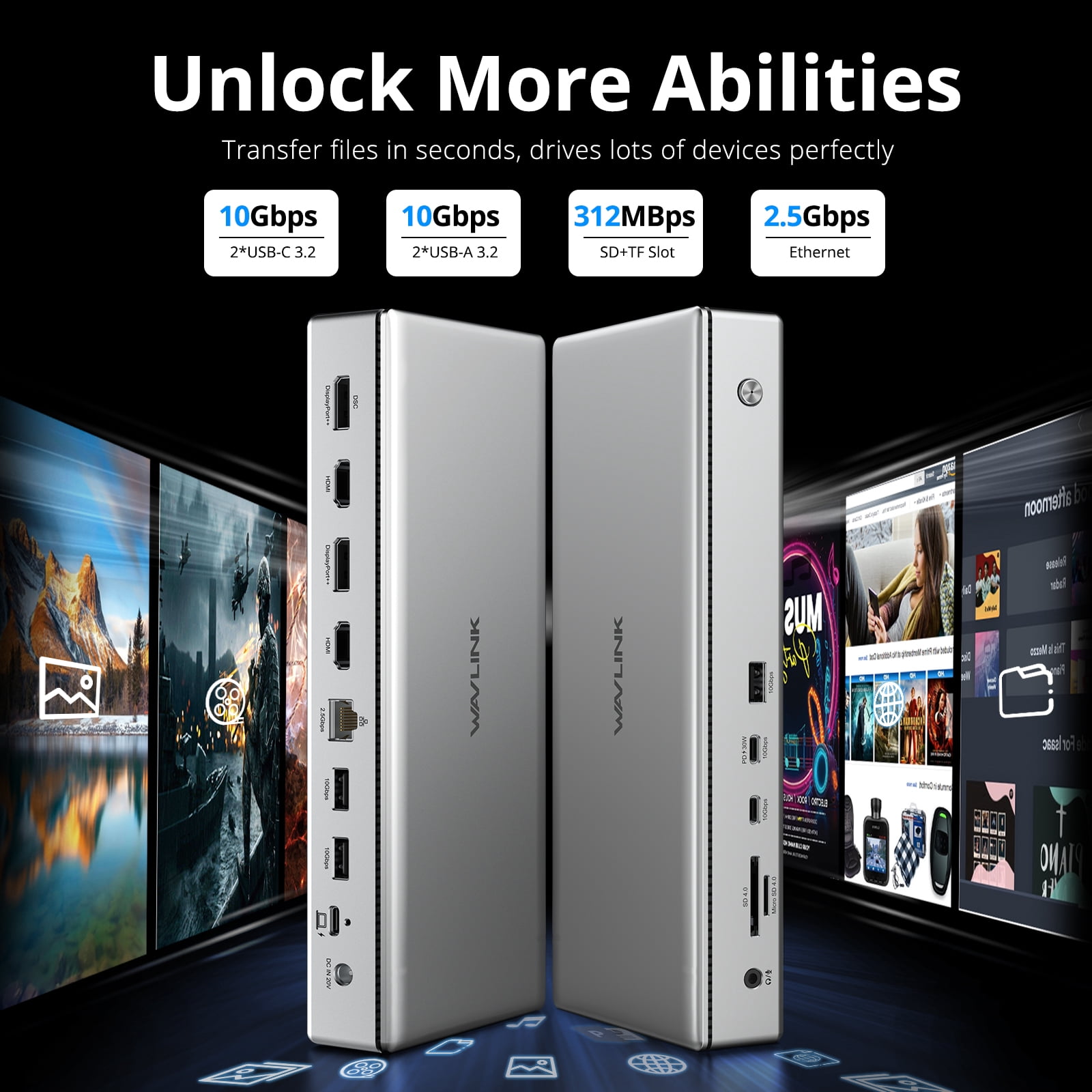 WAVLINK Single 10K@60Hz USB C DisplayLink Docking Station, DisplayPort & HDMI, Dual 8K@60Hz, Quad 4K for MacBook Neo, Mac & Windows, 15-in-1 Laptop Dock with 100W Charging, 2.5G LAN, USB-C(PD 30W)