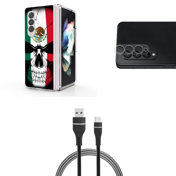 Accessory Bundle for Galaxy Z Fold 4: Slim Snap-On Case (Mexico Skull), Rear Camera Glass Protector, Nylon Braided USB-C to USB-A Cable (3 Feet)