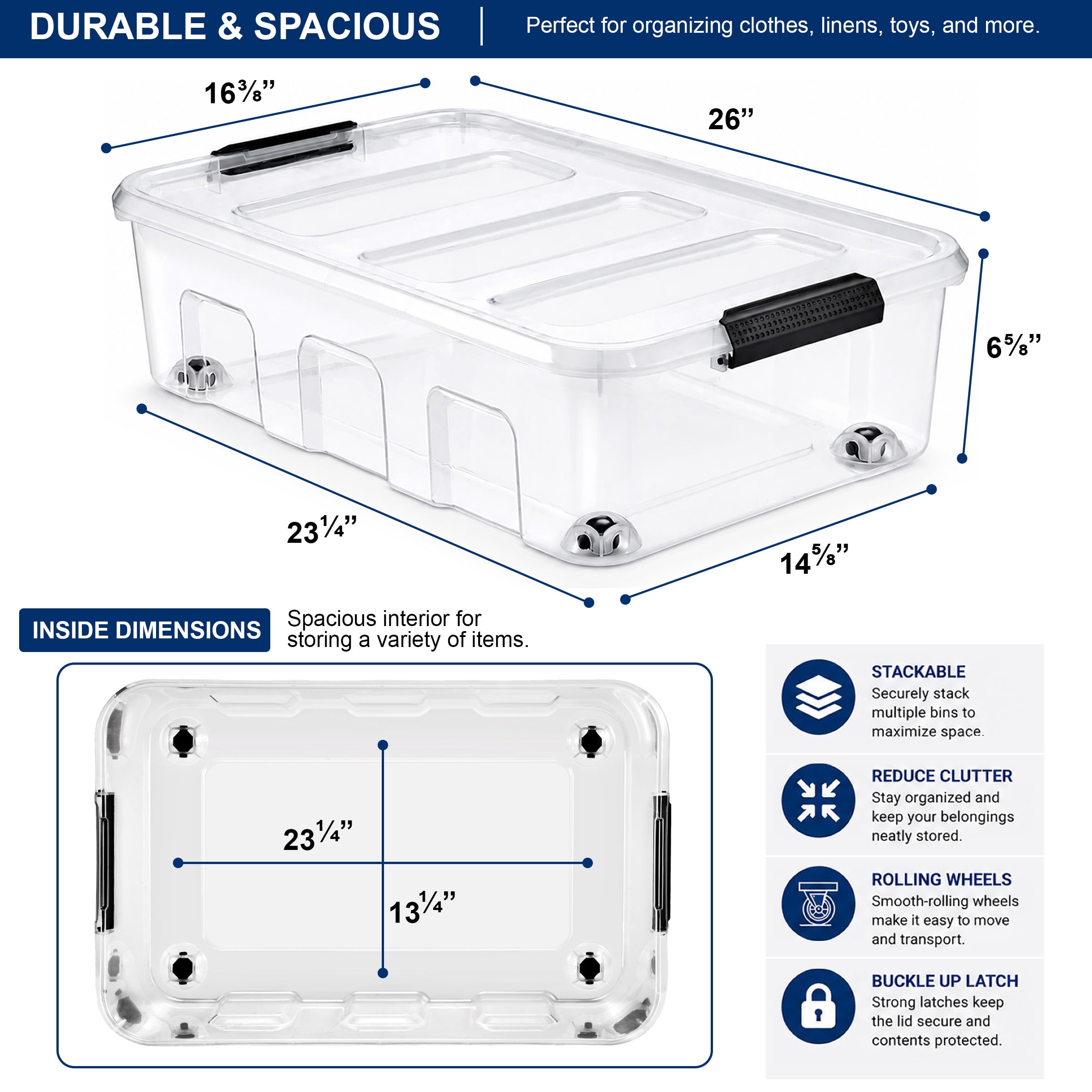 Sorbus 40 Qt Clear Underbed Storage Bins with Wheels & Snap-Lock Lids, 2-Pack