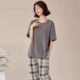thumbnail image 3 of Conjunto de Pijama de manga corta para Mujer, ropa de dormir de punto a rayas, elegante, para estar en casa, talla grande 5XL, 3 of 4