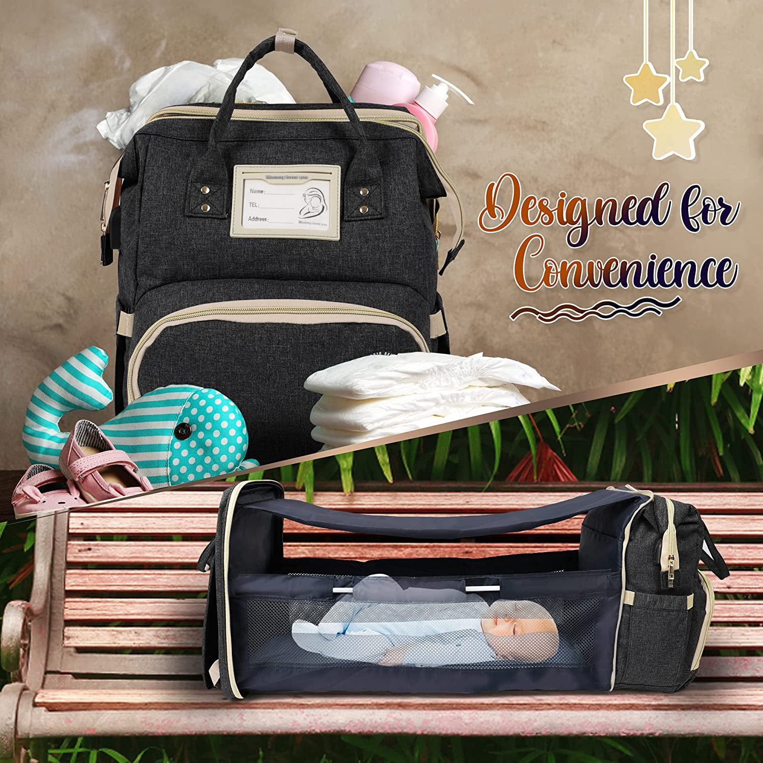 Baby Diaper Bag with Changing Station – Diaper Bag Backpack and USB Port, Insulated Bottle Bag, Mosquito Net, Sunshade – Comfortable and Stylish with Practical Stroller Hooks (Black)
