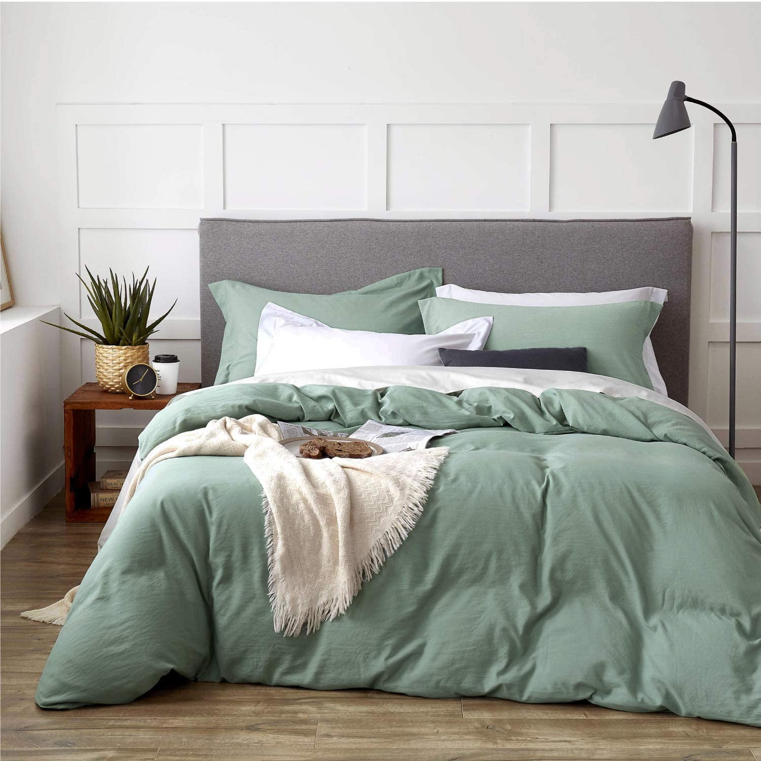 Golden Home Sage Green Washed Duvet Cover Full/Queen Size Set with Zipper Closure, Ultra Soft
