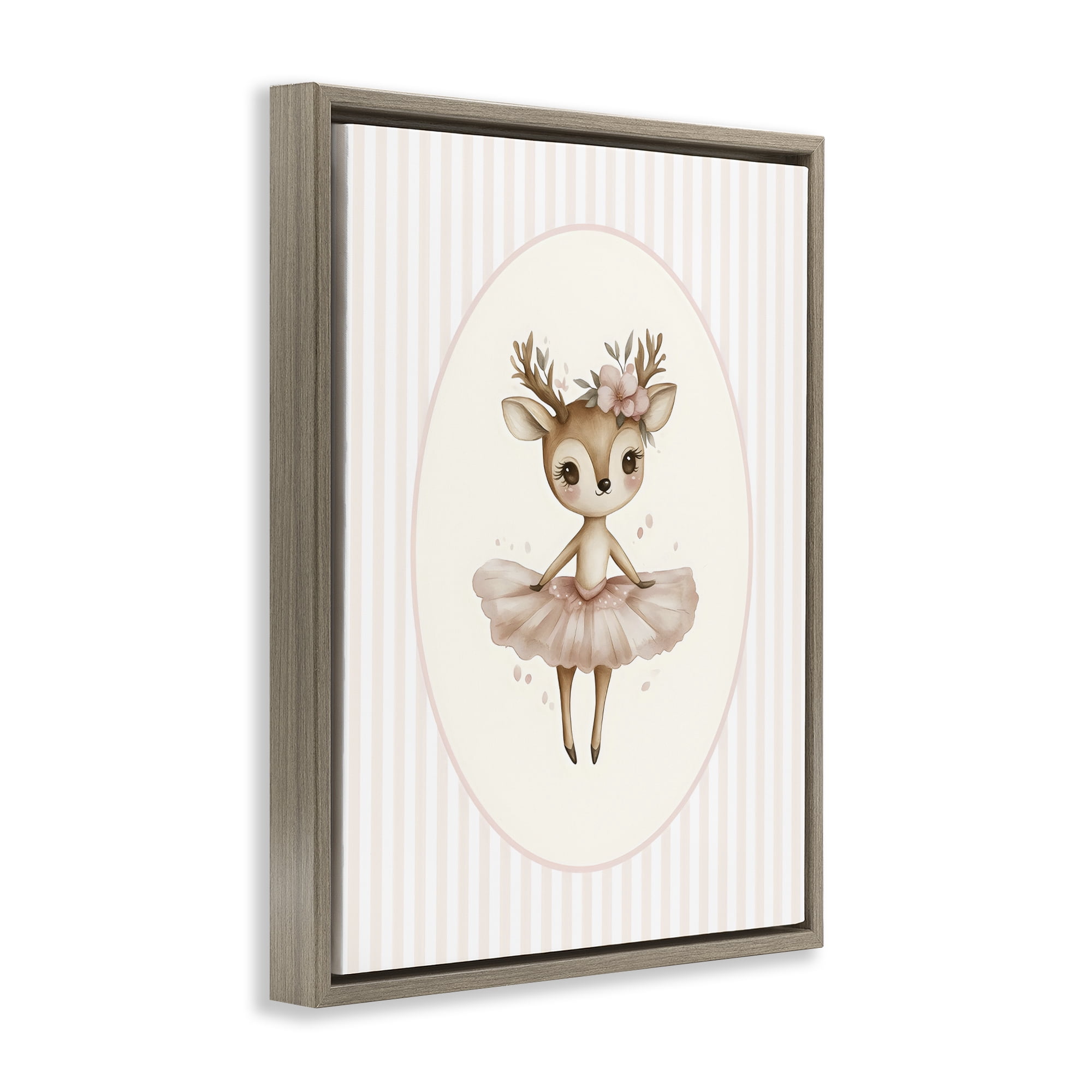 Stupell Industries Nursery Ballerina Deer Striped Brown Framed Floater Canvas Wall Art, design by LSR Design Studio