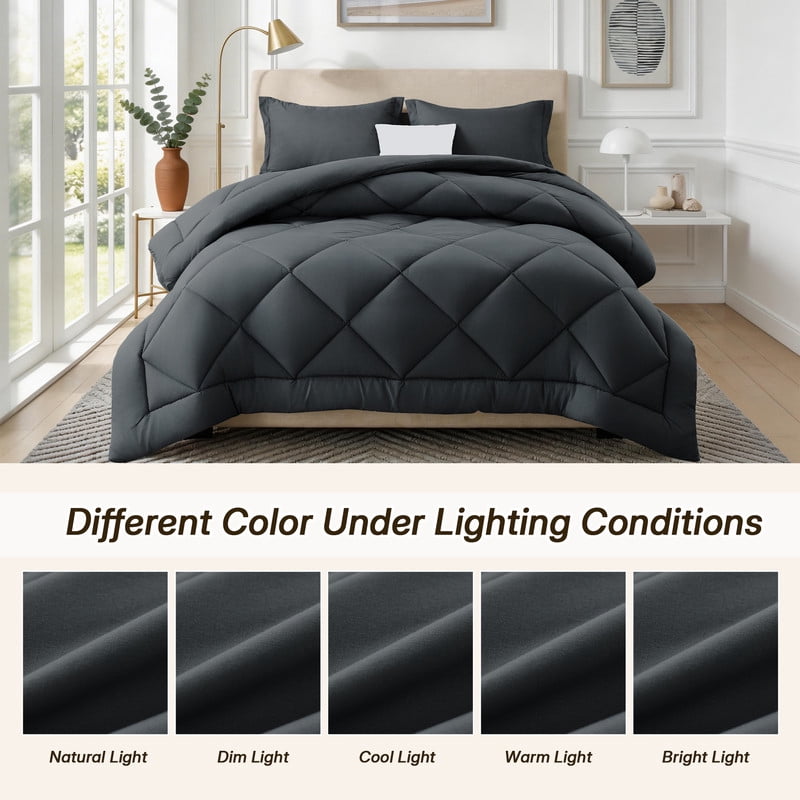 3 Pieces King Size Comforter Set, All Season Lightweight Breathable Bedding Set with 1 Down Alternative Comforter and 2 Pillowcases, Grey