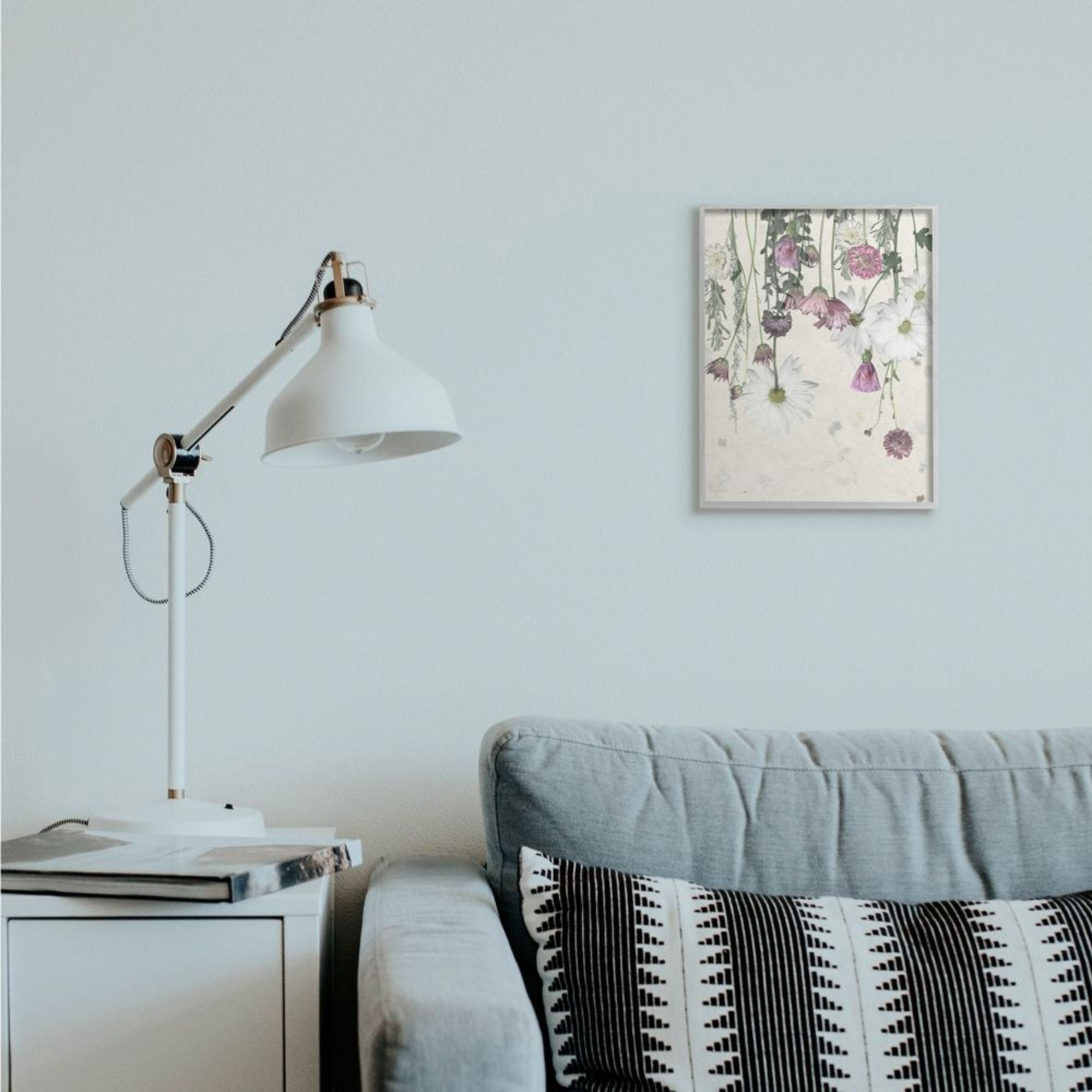 Stupell Industries Hanging White and Purple Flowers over Neutral Beige Design by Grace Popp