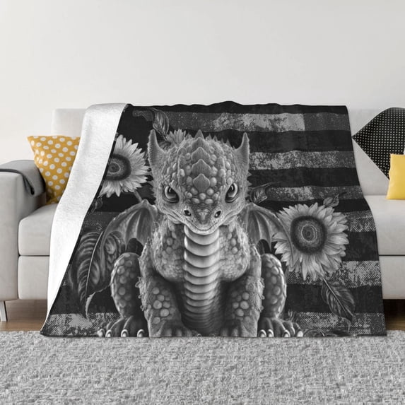 XMXT Throw Blanket, Sunflower Dinosaur Pattern Machine Washable Blankets for Sofa, 60 x 50 inches Black