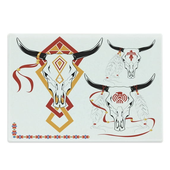 Tattoo Cutting Board, Bulls Head with Feather of Bird as Accessory with Tribal Designers Print, Decorative Tempered Glass Cutting and Serving Board, Large Size, Red Yellow and White, by Ambesonne