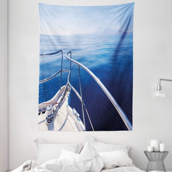 Navy Tapestry, Boat Show Ocean Sea Life with Ship Yacht Landscape of Islands Image Photo, Wall Hanging for Bedroom Living Room Dorm Decor, 60W X 80L Inches, Navy Blue and White, by Ambesonne