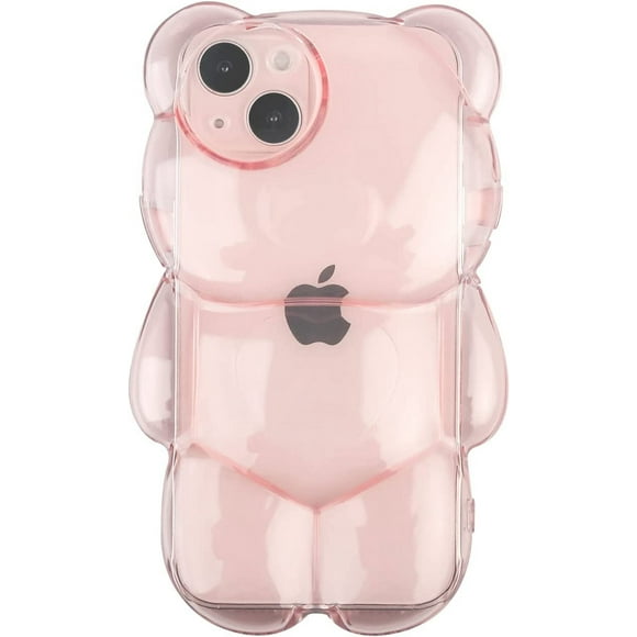 Bear Phone Case Compatible with iPhone 15 Case, Cute 3D Pink Clear Bear Case, Shockproof Kpop Cartoon Bear Phone Case for Women Girls