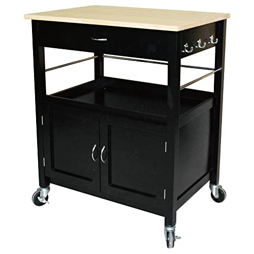 eHemco Kitchen Island cart on Wheels with Drawer, Storage cabinet, Shelf and Natural Bamboo Top Butcher Block, Black Base