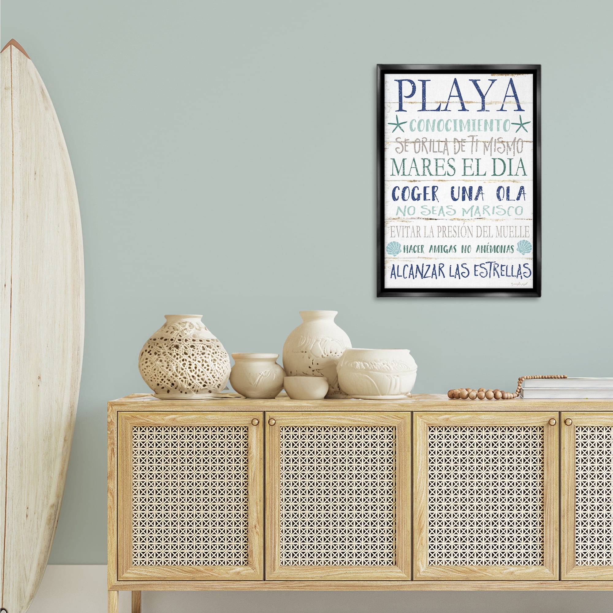 Stupell Industries Frases Felices De Playa Beach Painting Black Floater Framed Art Print Wall Art, 21 x 31