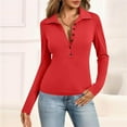 thumbnail image 2 of STICHOU Red Polo Shirts for Women Slim Fitted Solid Color Deep V Neck Tops Long Sleeve Button Down Outwork Collared T Shirts Basic Blouses Red S, 2 of 6