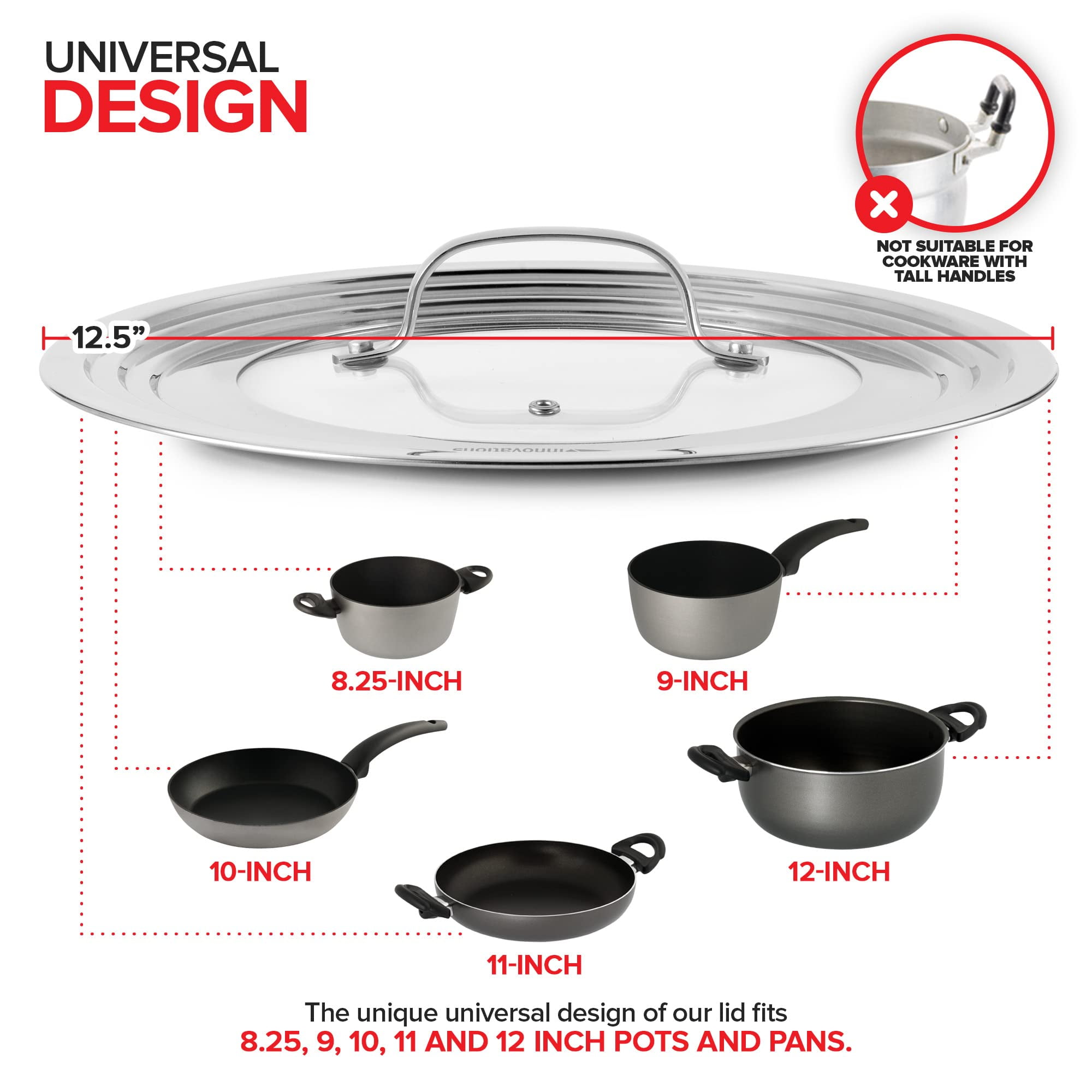 Modern Innovations Universal Lids with Tempered Glass (2 Pack), Fits 8.25 to 12 Inch Pots and Pans, Replacement Frying Pan Covers and Cast Iron Skillet Lids with Stainless Steel Rim