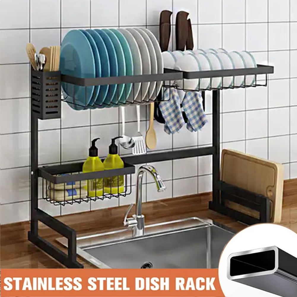 Over The Sink Dish Drying Rack, Width Adjustable (26.8" to 34.6") 2 Tier Dish Rack Drainer for Kitchen Counter Organization and Storage, Utensil Sponge Holder Sink Caddy Dryer Rack Black