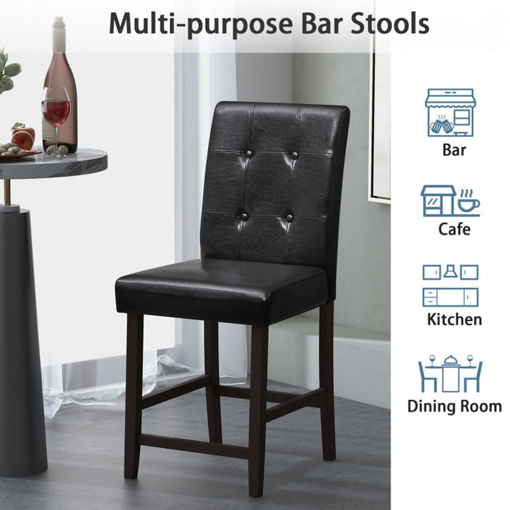 Demi Bonn Set of 2 Bar Stools with Rubber Wood Legs and Button-Tufted Back, Modern Dining Chair, Black