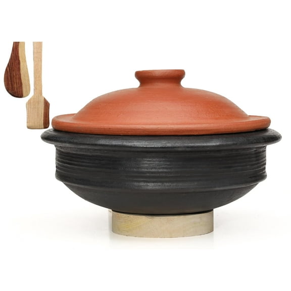 Deep Burned Uncoated Clay Pot With Lid Or Mitti Handi With 2 Spatulas Complimentary For Cooking & Serving - Black, 3 Liters | Pre-seasoned Mud Pot - Unglazed, Double Fired, Hand Crafted