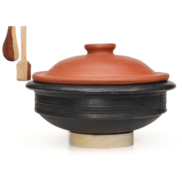 Deep Burned Uncoated Clay Pot With Lid Or Mitti Handi With 2 Spatulas Complimentary For Cooking & Serving - Black, 3 Liters | Pre-seasoned Mud Pot - Unglazed, Double Fired, Hand Crafted