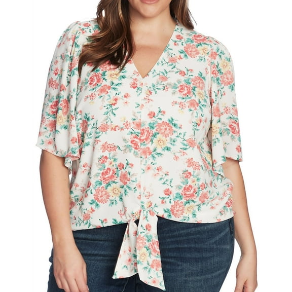 1.STATE Womens Ikat Bouquet Pullover Blouse, Off White, Plus Size, 3X