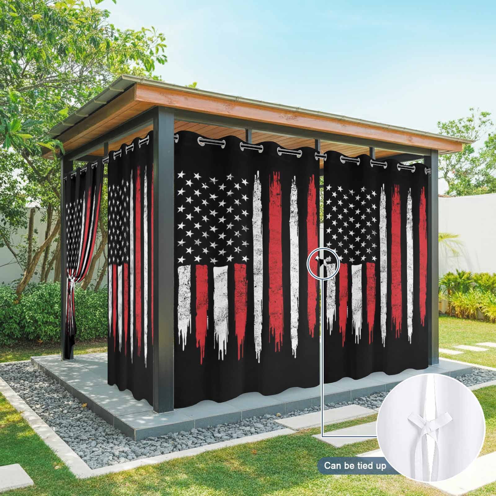 Independence Day Outdoor Curtains for Patio, USA Red White Star Stripes Black Sunshade Privacy Drapes Grommet Waterproof Outside Curtains for Porch/Cabana/Balcony 54"x 108", 1 Panel