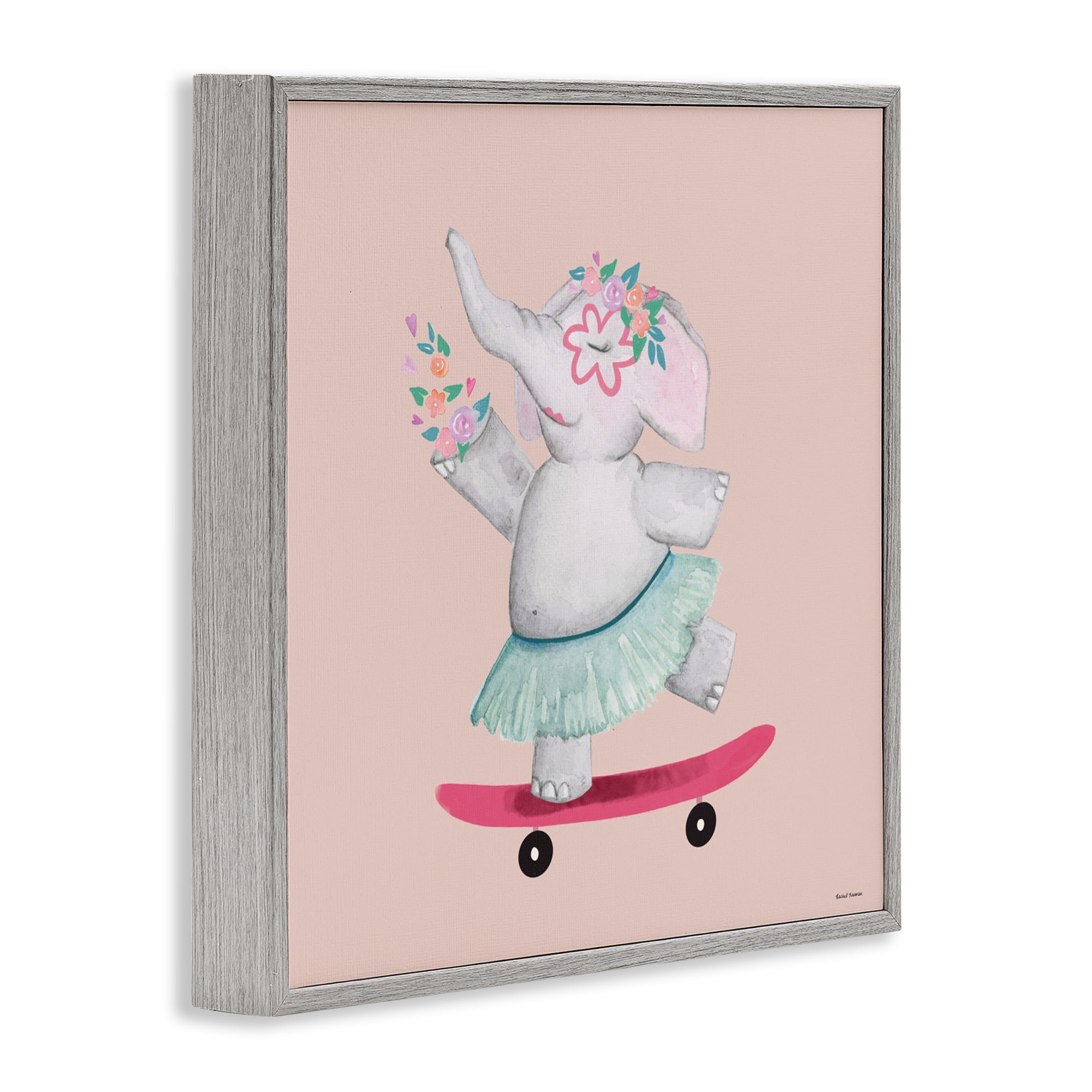 Stupell Industries Skateboarding Elephant with Flowers Gray Framed Giclee Art, design by Rachel Nieman