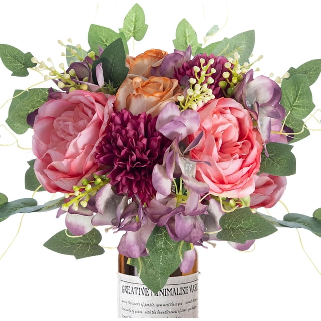 2 piezas de flores artificiales de peonía, ramo de rosas falsas, arreglo floral para centro de mesa, decoración de boda y fiesta para el hogar, púrpura y rosa