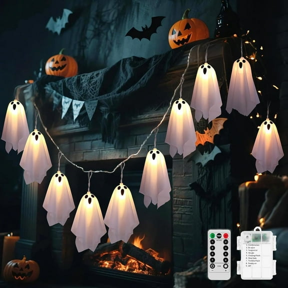 10 LED Ghost Battery Operated Halloween Lights, 8 Modes Light Up Ghost Garland, Waterprof Ghost String Lights Indoor Outdoor for Party, Haunted House, Fireplace, Porch, Window Decor