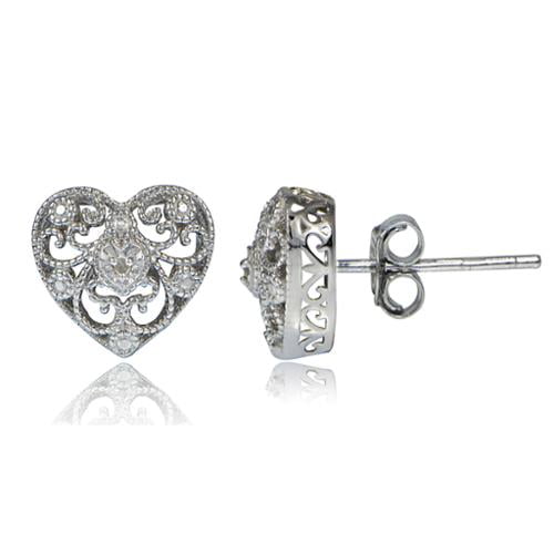 db Designs - DB Designs Sterling Silver Diamond Accent Filigree Heart Stud Earrings