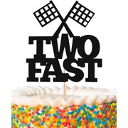 Two Fast Cake Topper - Glitter Black Mcqueen Theme Second Birthday Cake Decoration, Perfect for Race Car Theme Second Birthday or Photo Booth Props (TWO FAST)