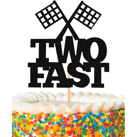 Two Fast Cake Topper - Glitter Black Mcqueen Theme Second Birthday Cake Decoration, Perfect for Race Car Theme Second Birthday or Photo Booth Props (TWO FAST)