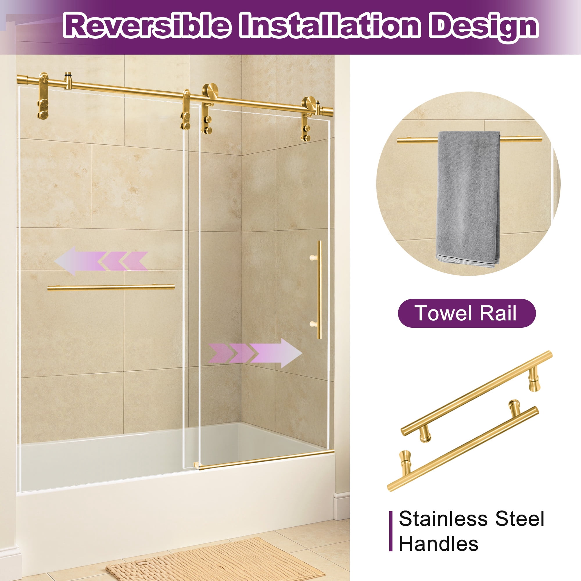 MAYEERTY 60x66 Frameless Sliding Bathtub Shower Door, Stainless Steel Tempered Glass Shower Door with Anti-Water Seal, Gold