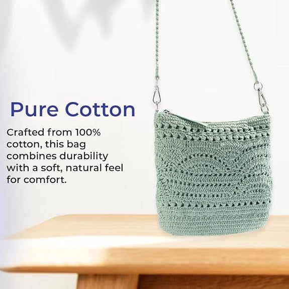 SAGEFINDS Crochet Crossbody Bag, Women's Shoulder Purse with Adustable Strap, 100% Cotton - Sage
