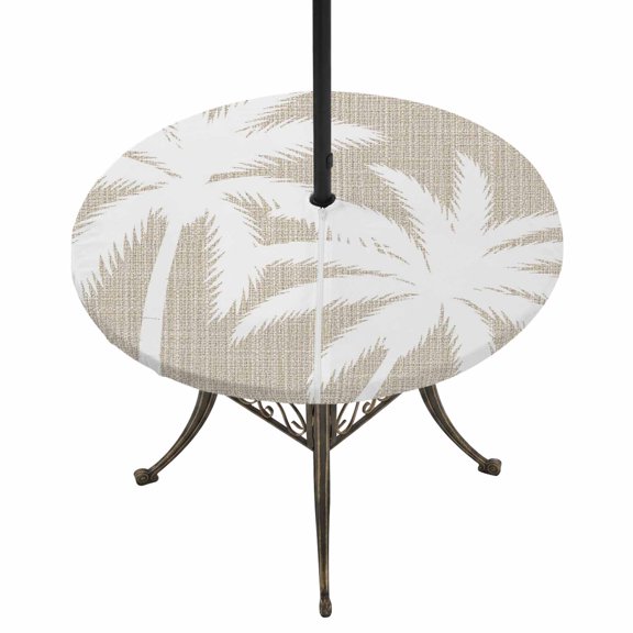 Outdoor Tablecloth with Umbrella Hole and Zipper Tropical Palm Trees Round Fitted Table Cover with Elastic Waterproof Beige Linen Grain Patio Tablecloths for Picnic BBQS Garden Party Fit 55"-60"