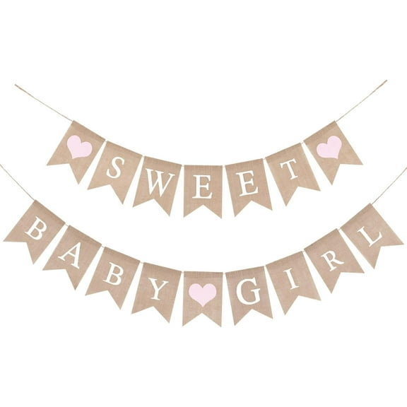 Sweet Baby Girl Banner-Pink Baby Girls Burlap Baby Shower Banner Rustic Gender Reveal Banners for Pink BBQ Baby Shower Party Decoration, Pre-strung