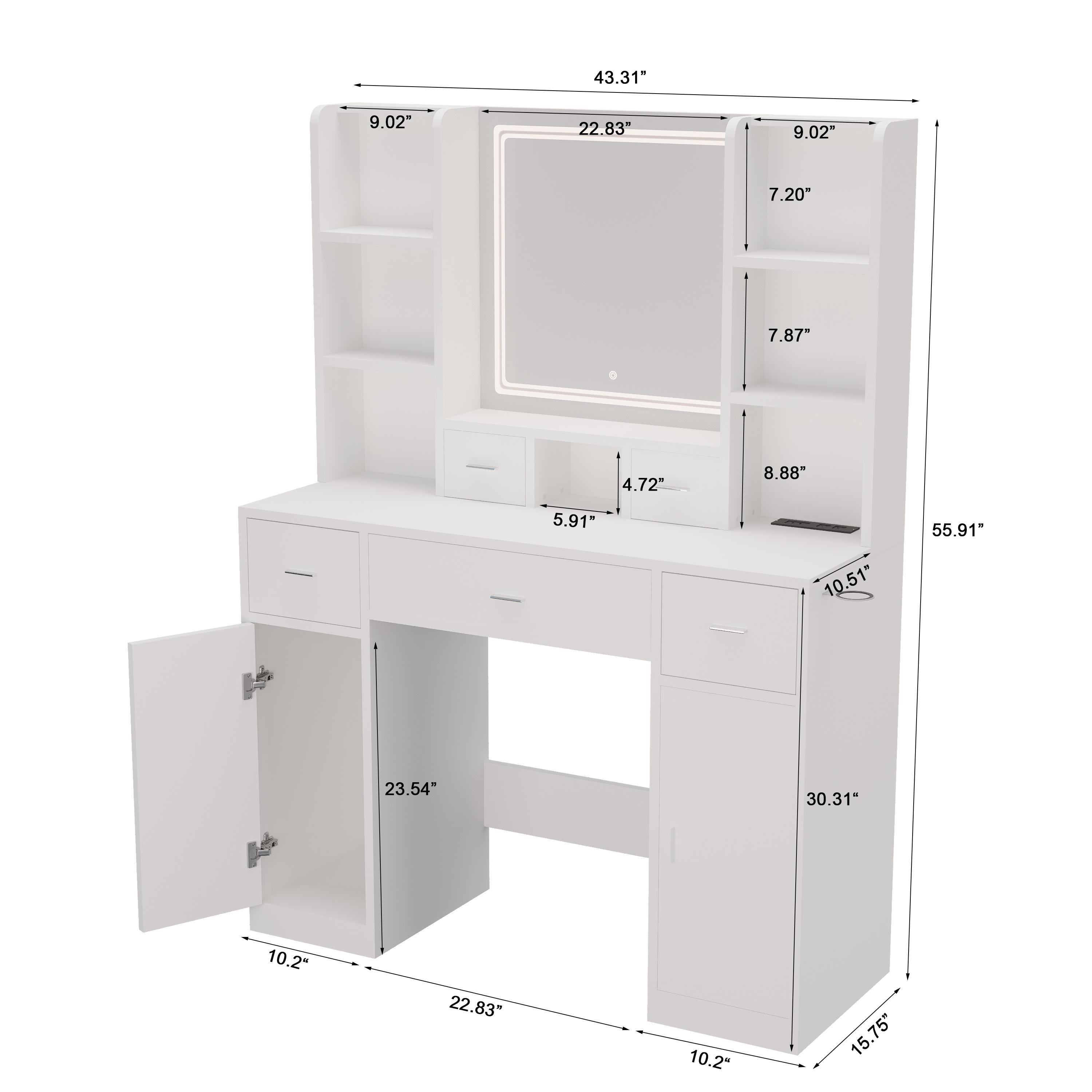 PORKISS Dressing Table, Wood & Glass Makeup Vanity Table with Drawers and Storage Cabinet, Modern Vanity Desk with Smart Mirror and Dressing Pad, Makeup Vanity for Bedroom, Dressing Room, White