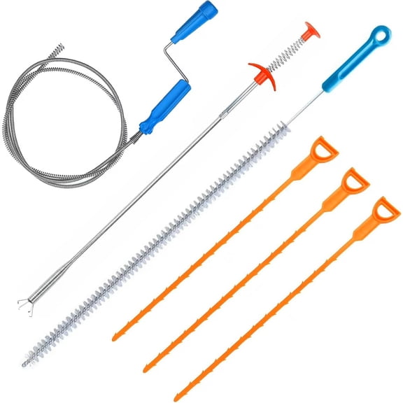 6 in 1 Sink Snake Drain Auger Set, 150CM Dredging Tool, 60CM Clog Remover Paw, 70CM Cleaning Brush, Hair Clog Remover for Sink, Drain, Toilet
