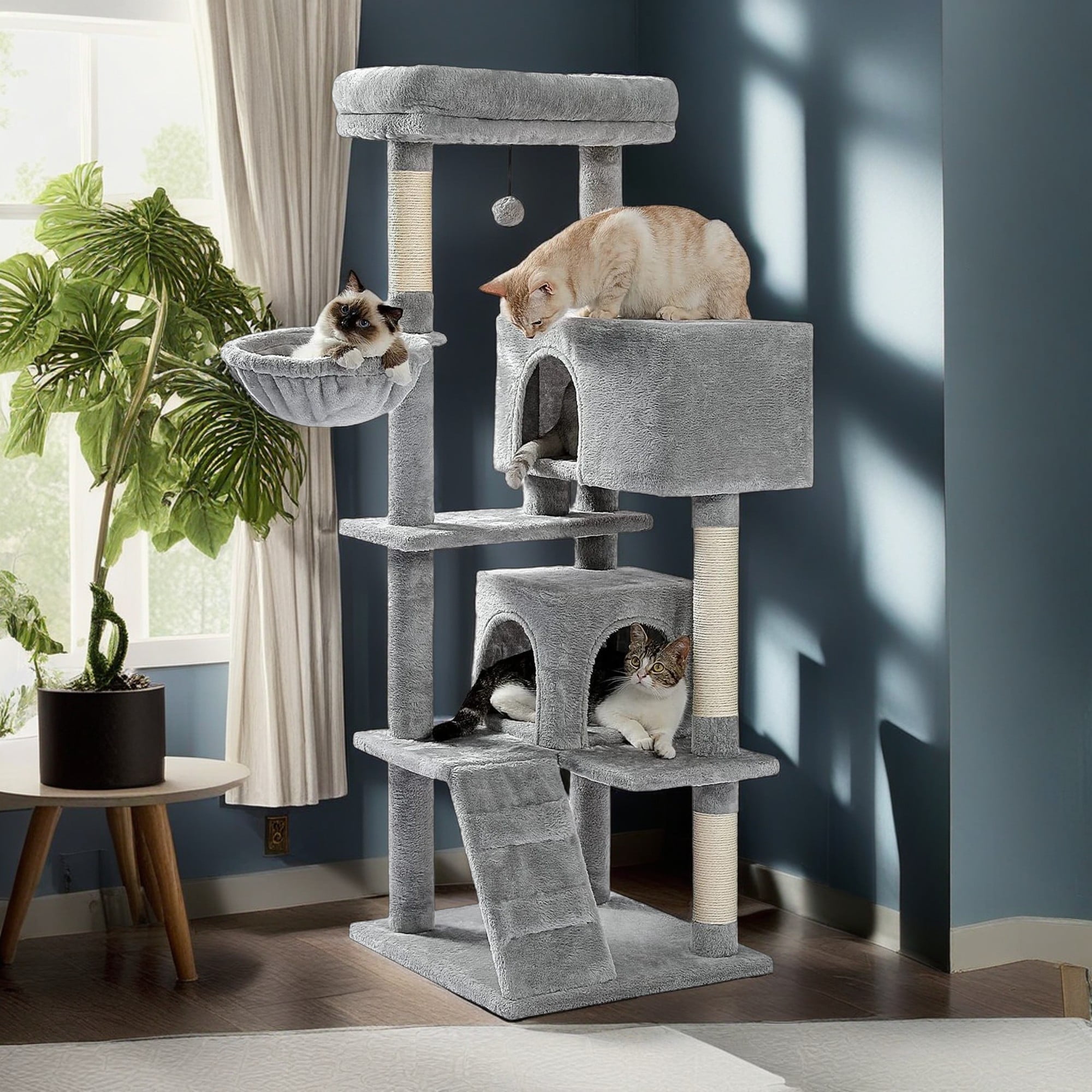 resenkos 56" Cat Tree Tower for Indoor Cats, Cat Tree House for Multiple Cats with 2 Cozy Condos, Top Perch, Hammock, Climbing ladder and Dangling Ball, Dark Gray