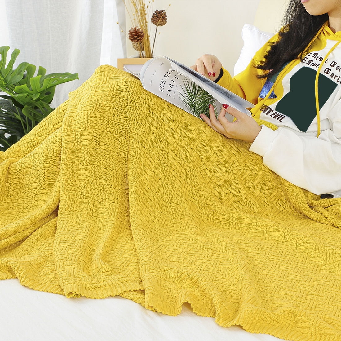 Unique Bargains Cotton Knitted Throw Blanket for Couch, 50" x 60",  Yellow