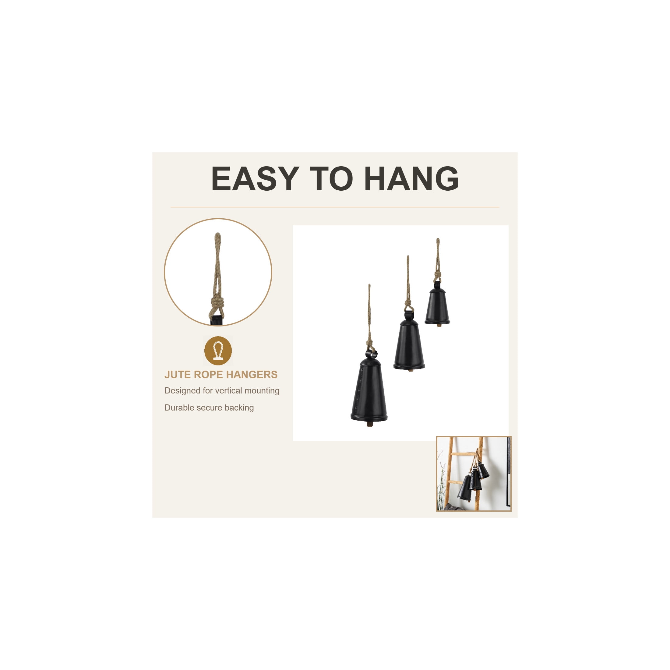 DecMode Tibetan Inspired Black Metal Conical Decorative Cow Bells with Jute Hanging Rope, 3 Count