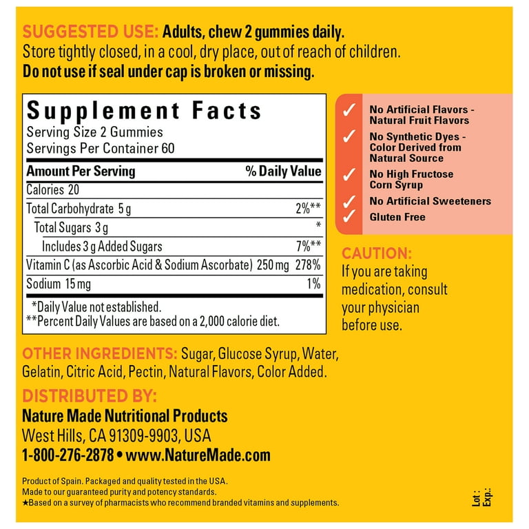 Nature Made Vitamin C 250 mg Per Serving Gummies, Dietary Supplement for Immune Support, 150 Count