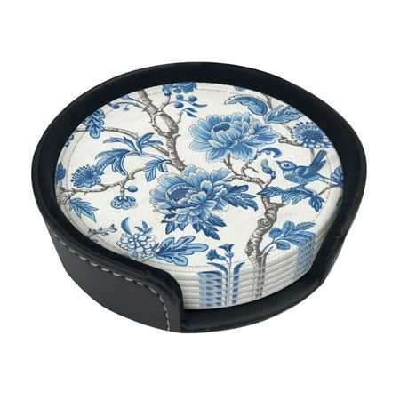 

flowers in watercolor coasters PU leather bar beer drink coasters 6 sets with stand coasters Suitable for wooden tables