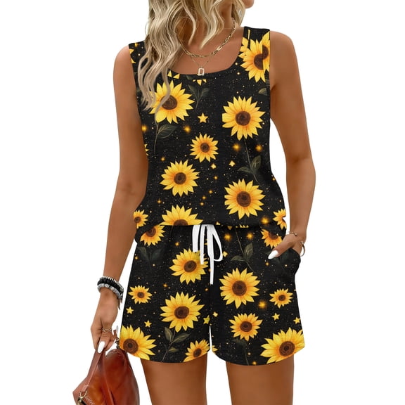 BOMYJESK Summer Sets Tank Square Neck Sleeveless Matching Floral Print Lounge Short Sets Trendy Plus Size High Waisted Sweatsuit with Pocket Spring Black M