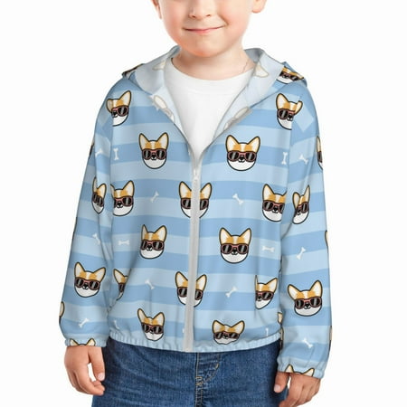 

Sun Hoodie for Kids Blue Striped Cute Glasses Corgi Long Sleeve Swim Fishing Shirts Sun Protection Zip Up Jacket Clothing Athletic Hoodie