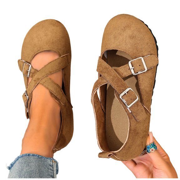 Purcolt Womens Faux Suede Flats Dressy Casual Closed Round Toe Slip On Soft Sole Ballet Shoes Comfort Buckle Cross Strap Walking Shoes for Work Office