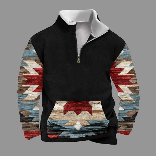 Sudadera sin capucha para hombre, informal, a la moda, con cuello alto, estampado étnico, cremallera, jersey de manga larga, blusa de poliéster para hombre